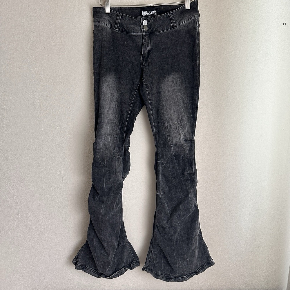 Darker Wav Flare Jeans Womens Medium Black Faded Stacked Leg Goth Grunge Denim